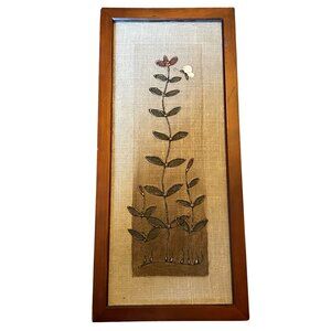 Vintage 1970s MCM Enamel on Burlap Wall Art - Floral & Butterfly Framed Decor